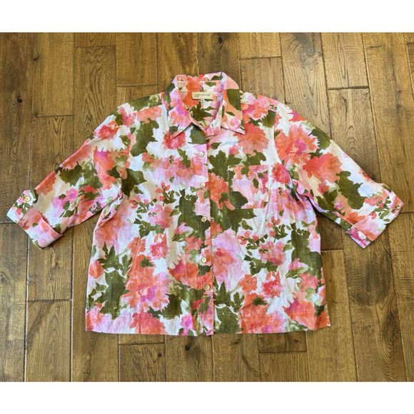 Jones New York Tops - Jones New York Sport 100% Linen Floral Button Down 3/4 Sleeve Blouse Top Sz XL